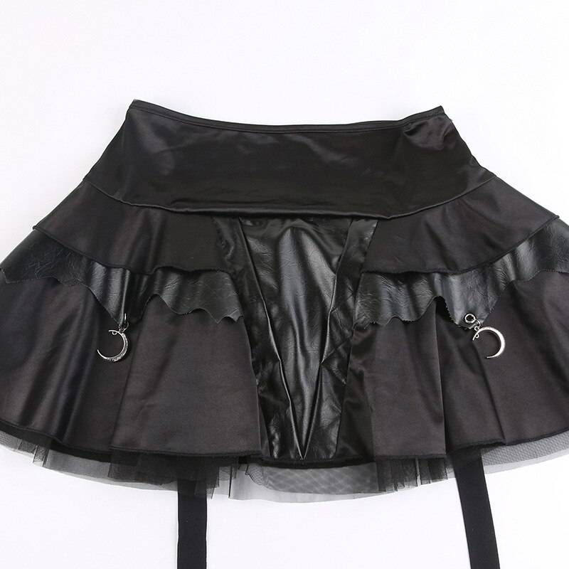 Gothic Black Mini Skirt With Flare Pants - Kawaii Stop - 2pc Sets, Alt, Black, Bottoms, Dark, Emo, Fashion, Faux Pu, Flare, Goth, Gothic, Grunge, Mall, Pants, Pants &amp; Capris, Patchwork, Punk, Skirts, Streetwear, Trousers, Women, Women's Clothing &amp; Accessories