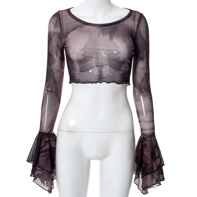 Gothic Flare Sleeve See Through T-shirts - Kawaii Stop - Aesthetic, Blouses &amp; Shirts, Camis &amp; Tops, Crop, Dark, Emo, Flare Sleeve, Goth, Gothic, Hem, Lettuce, Mesh, Print, Punk, See Through, Sexy, Streetwear, T-Shirts, Tops, Tops &amp; Tees, Women, Women's Clothing &amp; Accessories, Y2k