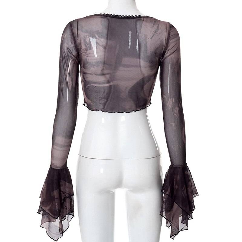 Gothic Flare Sleeve See Through T-shirts - Kawaii Stop - Aesthetic, Blouses &amp; Shirts, Camis &amp; Tops, Crop, Dark, Emo, Flare Sleeve, Goth, Gothic, Hem, Lettuce, Mesh, Print, Punk, See Through, Sexy, Streetwear, T-Shirts, Tops, Tops &amp; Tees, Women, Women's Clothing &amp; Accessories, Y2k