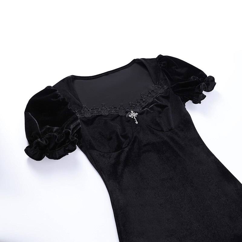 Gothic Velvet Dress - Kawaii Stop - All Dresses, Alt, Dark, Dress, Dresses, Elegant, Evening, Goth, Gothic, Grunge, Hem, Lace, Mall, Mini, Outfits, Partywear, Puff Sleeve, Slit, Tra, Velvet, Women, Women's Clothing &amp; Accessories