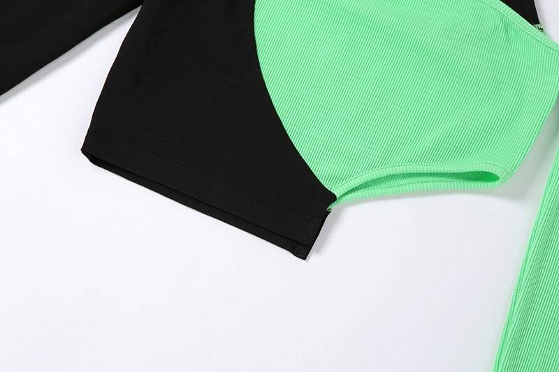 Green Black One Shoulder Top - Kawaii Stop - Backless, Blocking, Color, Dark, E Girl, Goth, Gothic, Hip Hop, Hollow Out, Patchwork, Punk, Streetwear, Style, T-Shirts, Techwear, Top, Tops6971, Women's Clothing &amp; Accessories, Y2k