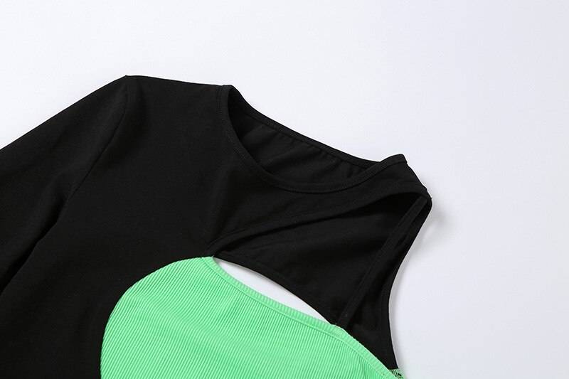 Green Black One Shoulder Top - Kawaii Stop - Backless, Blocking, Color, Dark, E Girl, Goth, Gothic, Hip Hop, Hollow Out, Patchwork, Punk, Streetwear, Style, T-Shirts, Techwear, Top, Tops6971, Women's Clothing &amp; Accessories, Y2k