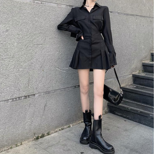 Elegant Vintage Black Shirt Dress - Kawaii Stop - Kawaii Shop