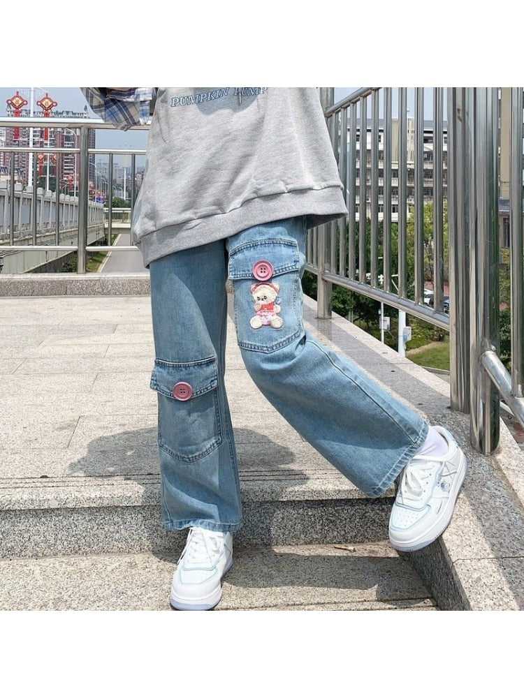 Japan Preppy Style Denim Trousers - Kawaii Stop - Baggy, Bottoms, Cute, Denim, Embroidery, Harajuku, Japan, Jeans, Kawaii, Loose, Pants, Preppy Style, Student, Sweet, Trousers, Vintage, Women, Women's Clothing &amp; Accessories