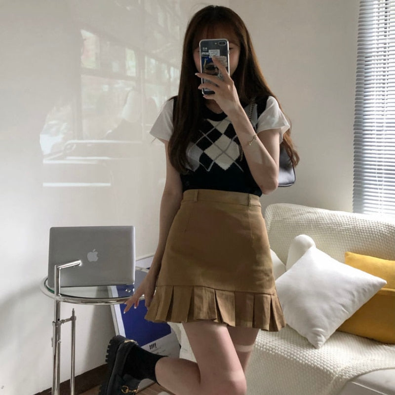 Preppy Style Solid A-line Skirt - Kawaii Stop - A-Line, Bottoms, Casual, Cute, Fashion, High Waist, Korean, Mini Skirt, Pleated, Preppy Style, Short Skirt, Skirts, Solid, Summer, Women, Women's Clothing &amp; Accessories
