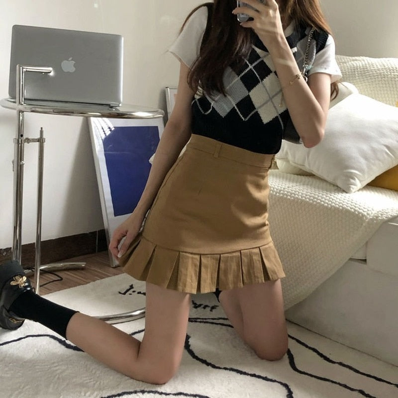 Preppy Style Solid A-line Skirt - Kawaii Stop - A-Line, Bottoms, Casual, Cute, Fashion, High Waist, Korean, Mini Skirt, Pleated, Preppy Style, Short Skirt, Skirts, Solid, Summer, Women, Women's Clothing &amp; Accessories