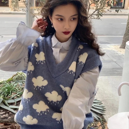 Cloud Sweater Vest - Kawaii Stop - Cloud, Harajuku, Jacquard, Jumper, Knitted, Loose, Oversized, Printed, Rain, Sleeveless, Sweater, Sweaters, Tank Top, Tops &amp; Tees, V-Neck, Vest, Vintage, Women, Women's Clothing &amp; Accessories