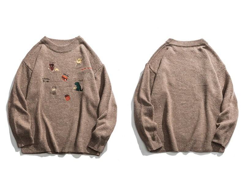Dinosaur Pattern Knitted Sweater - Kawaii Stop - Adorable, Autumn, Beige, Brown, Cute, Embroidery, Fashion, Harajuku, Hip Hop, Hoodies &amp; Sweatshirts, Japanese, Kawaii, Khaki, Knitted, Korean, O-Neck, Polyester, Pullovers, Spandex, Spring, Streetwear, Sweater, Tops &amp; Tees, Winter, Women's Clothing &amp; Accessories