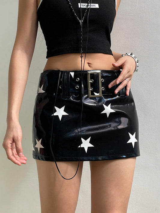 High Street Star Print Glossy Leather Skirts - Kawaii Stop - Bottoms, Fashion, Glossy, High Street, Leather Skirts, Mini, PU Skirt, Sexy Skirt, Skirts, Star Print, Street Punk, With Belt, Women, Women's Clothing &amp; Accessories, Y2K Aesthetic