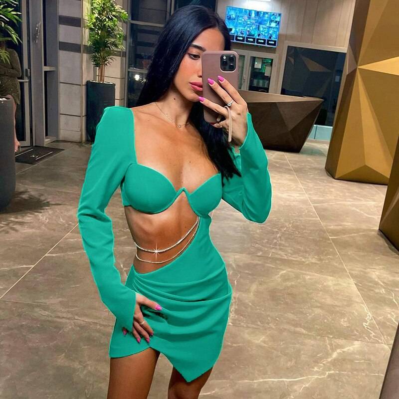 Hollow Out Full Sleeve Mini Dress - Kawaii Stop - All Dresses, Autumn, Backless, Chain, Clothes, Diamond, Dress, Dresses, Fashion, Full, Green, Hollow Out, Mini, Ruched, Sleeve, Vestido, Women, Women's Clothing &amp; Accessories