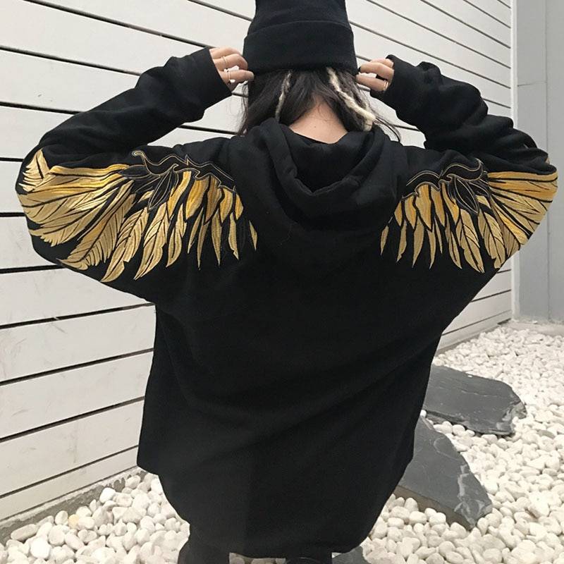 Hoodie With Embroidered Wings - Kawaii Stop - Acetate, Adorable, Broadcloth, Cotton, Cute, Fashion, Harajuku, Hip Hop, Hooded, Hoodies, Hoodies &amp; Sweatshirts, Japanese, Kawaii, Korean, Polyester, Pullover, Pullovers, Sweatshirt, Sweatshirts, Tops &amp; Tees, Women's Clothing &amp; Accessories