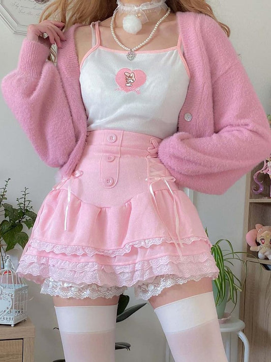 Pink Skirt With Cascading Ruffles - Kawaii Stop - A-Line, Aesthetic, Bottoms, Buttons, Cascading Ruffle, Fairycore Outfit, Japanese, Kawaii Skirts, Lace Up, Mini Skirt, Pink, Skirts, Women's Clothing &amp; Accessories