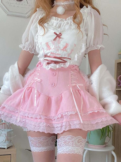 Pink Skirt With Cascading Ruffles - Kawaii Stop - A-Line, Aesthetic, Bottoms, Buttons, Cascading Ruffle, Fairycore Outfit, Japanese, Kawaii Skirts, Lace Up, Mini Skirt, Pink, Skirts, Women's Clothing &amp; Accessories