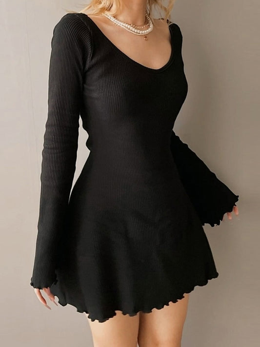 Solid Casual Knitted Dresses - Kawaii Stop - A-line Dresses, All Dresses, Beige, Black, Casual, Dresses, Elegant, Fashion, Frill, Knitted Dress, Korean Style, Long Sleeve, Party Outfit, Solid Basic, Women's Clothing &amp; Accessories