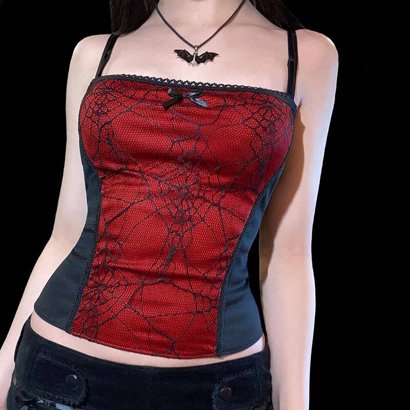 Spider Web Camisole - Kawaii Stop - Adorable, Aesthetic, Backless, Basic, Broadcloth, Camis, Camis &amp; Tops, Camisole, Corset, Crop, Crop Top, Cut, Cute, E Girl, Fashion, Goth, Graphic, Grunge, Harajuku, Japanese, Kawaii, Korean, Lace, Net, Out, Patchwork, Polyester, Punk, Red, Sexy, Spaghetti Strap, Spider, Street Fashion, Streetwear, Summer, Top, Tops &amp; Tees, Vintage, White, Women's Clothing &amp; Accessories, Zipper