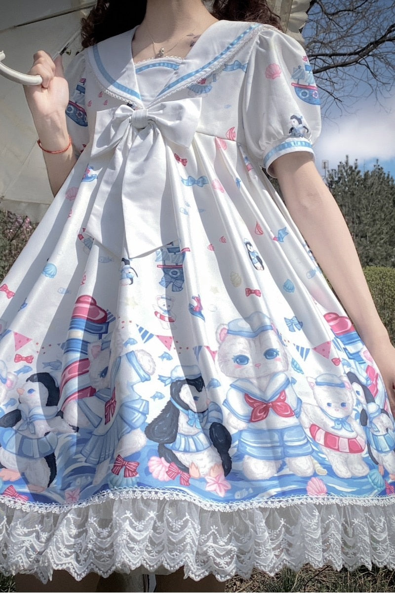 Lolita Dress With Cute Cat and Penguin Print - Kawaii Stop - All Dresses, Bow, Cat, Collar, Cute, Dress, Dresses, Girls, Japanese, Kawaii, Lolita, Lolita Dresses, Navy, Penguin, Preppy, Print, Sailor, Style, Sweet, Vintage, Women's Clothing &amp; Accessories