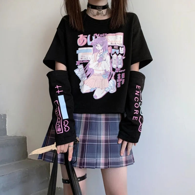 Anime Streetwear T-Shirt - Kawaii Stop - Anime, Clothes, Clothing, E Girl, For Women, Graphic Top, Harajuku, Japanese Streetwear, Kawaii, Summer Tops, T Shirt, T-Shirts, Tops &amp; Tees, With Arm Cover, Women's Clothing &amp; Accessories