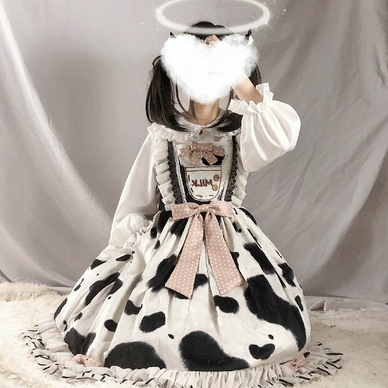 Adorable Cow Lolita Dress - Kawaii Stop - All Dresses, Cow, Dress, Girl, Japanese, JSK, Kawaii, Lolita, Lolita Dresses, Mori, Outfit, Print, Ruffled, Soft, Strap, Women's Clothing &amp; Accessories