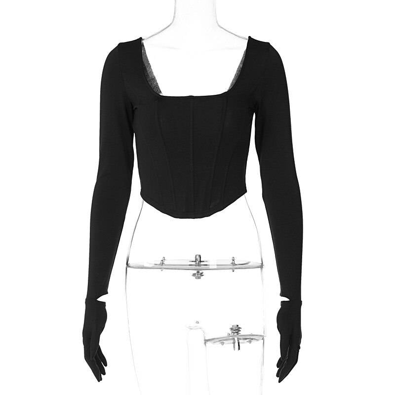 Kawaii Square Neck Corset Tops - Kawaii Stop - Backless, Bodycon, Bustier, Corset, Crop Tops, Cyber, Dark, Glove Sleeve, Goth, Gothic, Grunge, Neck, Punk, Sexy, Square, T-Shirts, Techwear, Tee, Tops, Tops &amp; Tees, Tops6971, Women, Women's Clothing &amp; Accessories, Y2k