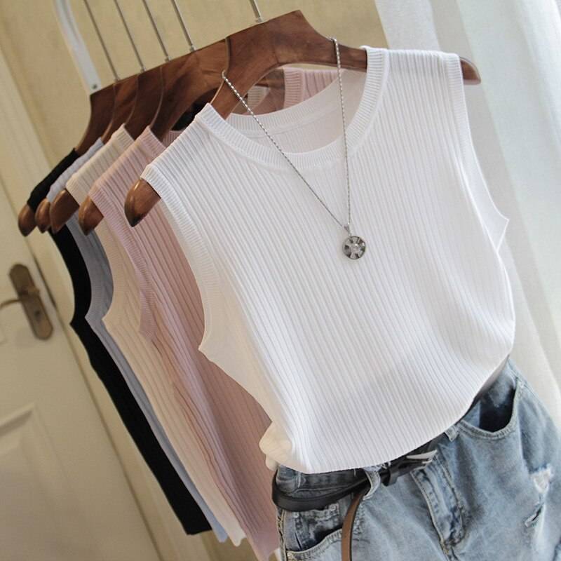 Knitted O-Neck Shirts - Kawaii Stop - Acrylic, Apricot, Black, Blouse, Blue, Camis &amp; Tops, Casual, Cute, Fashion, Harajuku, Japanese, Kawaii, Knitted, Korean, O-Neck, Pink, Shirt, Shirts, Sleeveless, Solid, Streetwear, Summer, Tops &amp; Tees, White, Women's Clothing &amp; Accessories