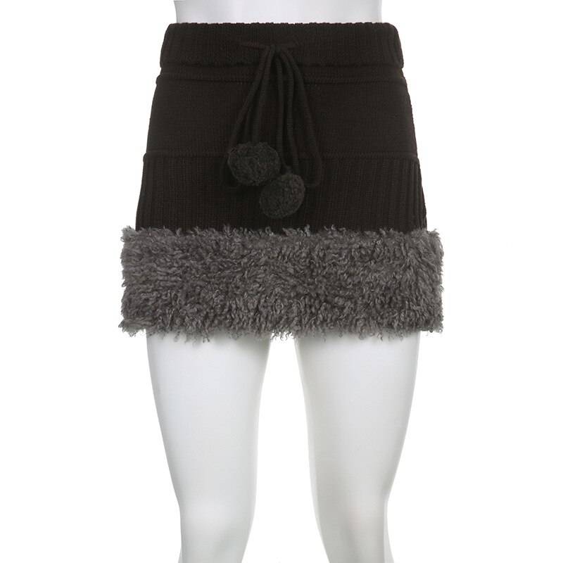 Knitted Retro Mini Skirt - Kawaii Stop - 90s, Bottom, Bottoms, Dark, Dropped, Faux, Fur, Goth, Gothic, Grunge, Hem, Knitted, Mini, Retro, Sexy, Skirt, Skirts, Streetwear, Vintage, Winter, Women, Women's Clothing &amp; Accessories, Y2k
