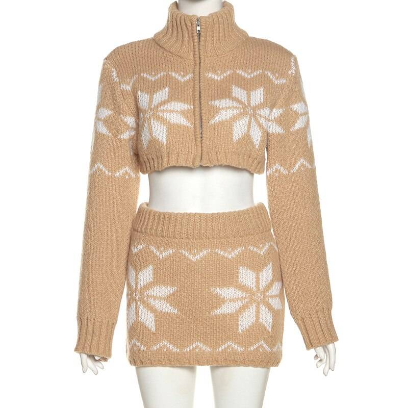 Knitted Winter Outfit - Kawaii Stop - Bottoms, Camis &amp; Tops, Cardigan, Cardigans, Cor-ord, Crop, Dark, Goth, Knitted, Low-Rise, Set, Sexy, Skinny, Skirt, Skirts, Suits, Sweaters, Tops &amp; Tees, Turtleneck, Winter, Women, Women's Clothing &amp; Accessories, Y2k, Zip-Up