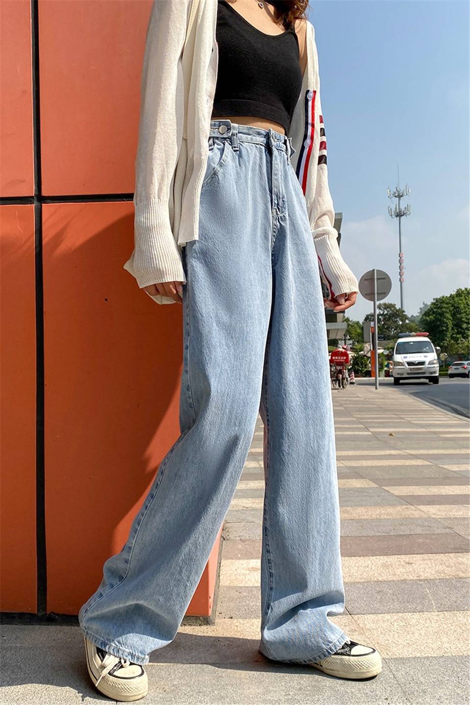 Korean Fashion Wide Leg Jeans - Kawaii Stop - Adorable, Bottoms, Cotton, Cute, Fashion, Harajuku, High Waist, Japanese, Jeans, Kawaii, Korean, Polyester, Spandex, Women's Clothing &amp; Accessories, Zipper Fly