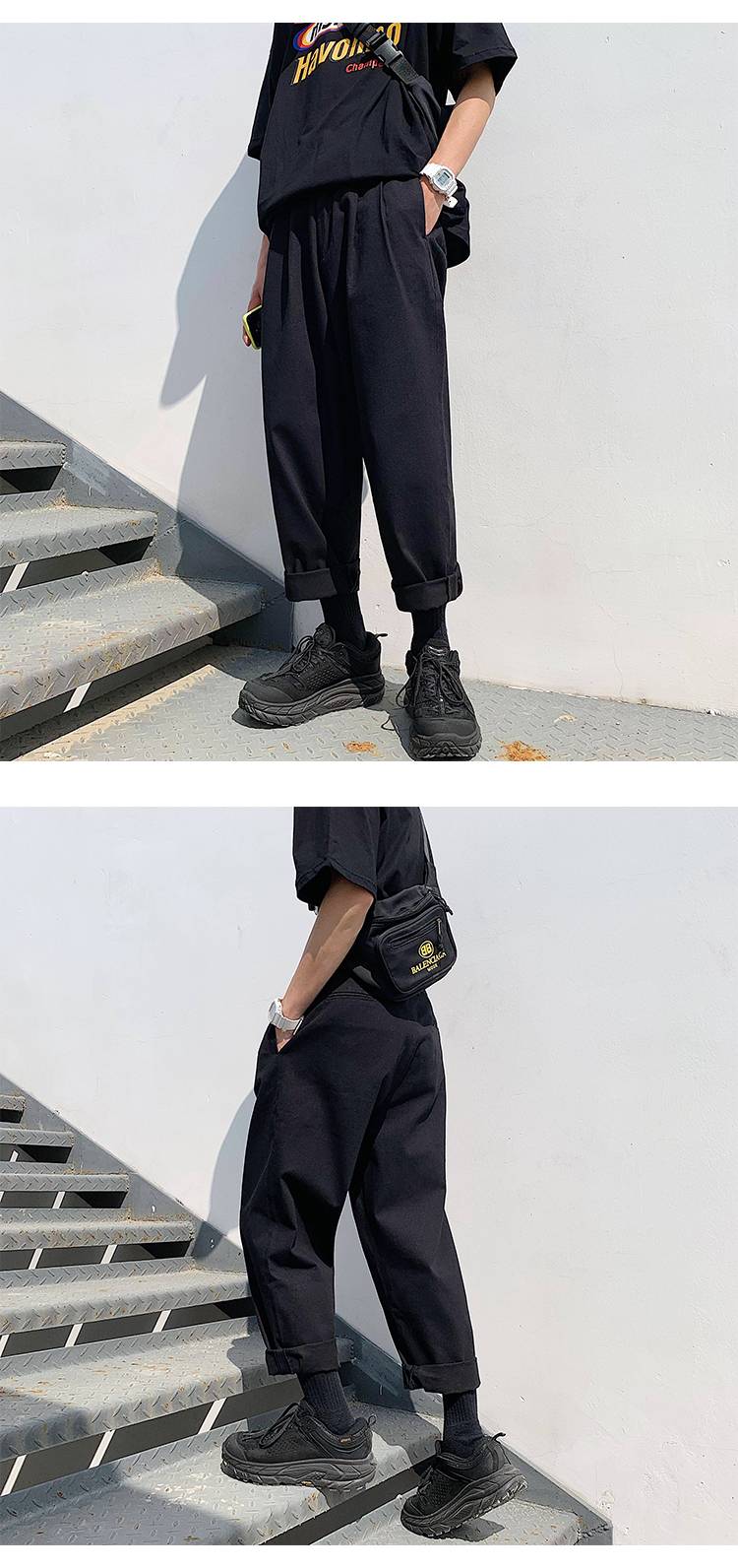 Men's Simple Loose Black Cotton Pants - Kawaii Stop - Button Fly, Harajuku Fashion, Loose, Men's Bottoms, Men's Clothing &amp; Accessories, Men's Pants