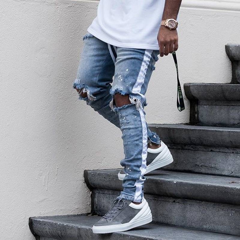 Men's Straight Ripped Jeans - Kawaii Stop - Adorable, Cotton, Cute, Fashion, Harajuku, Harajuku Style, High Street, Japanese, Jeans, Kawaii, Korean, Korean Fashion, Light, Men's Bottoms, Men's Clothing &amp; Accessories, Men's Jeans, Mid, Midweight, Ripped, Solid, Spliced, Straight, Street Fashion, Streetwear, White, Zipper Fly
