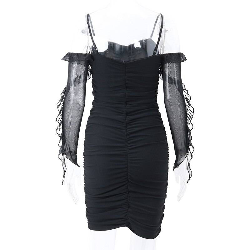 Mesh Ruched Dresses - Kawaii Stop - Aesthetic, All Dresses, Backless, Dark, Dresses, Fairycore, Goth, Gothic, Mesh, Mini Dress, Off Shoulder, Partywear, Ruched, Ruffle, Sexy, Skinny, Women, Women's Clothing &amp; Accessories, Y2k