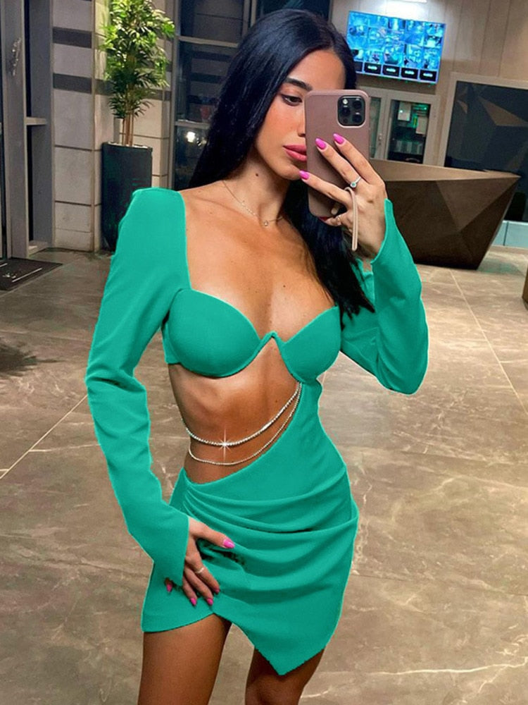 Hollow Out Full Sleeve Mini Dress - Kawaii Stop - All Dresses, Autumn, Backless, Chain, Clothes, Diamond, Dress, Dresses, Fashion, Full, Green, Hollow Out, Mini, Ruched, Sleeve, Vestido, Women, Women's Clothing &amp; Accessories
