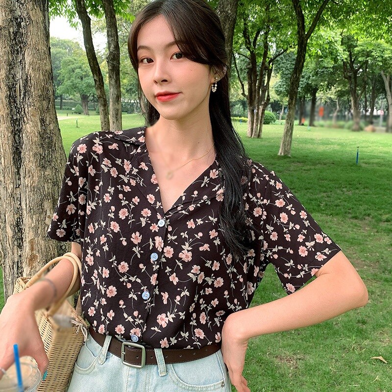 Floral Printed Sweet Casual Tops - Kawaii Stop - Blouse, Blouses &amp; Shirts, Casual, Chiffon, Female, Floral, For, Ladies, Notched, Printed, Shirt, Short Sleeve, Summer, Sweet, Tops, Tops &amp; Tees, Women, Women's Clothing &amp; Accessories