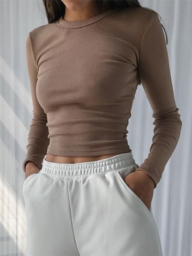 Sexy Ribbed Cropped T-Shirt - Kawaii Stop - Basic, Black, Casual, Crop Tops, Cropped Tops, Long Sleeve, O-Neck, Ribbed, Sexy, Shirt, Skinny, Slim, Spring, T-Shirts, Tops &amp; Tees, Woman, Women, Women's Clothing &amp; Accessories