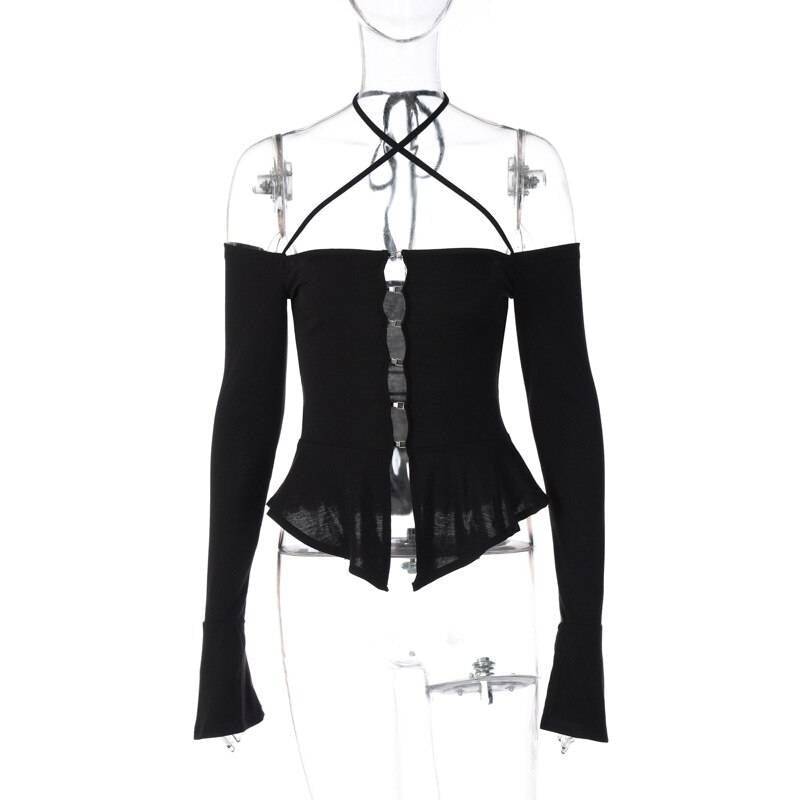 Off Shoulder Long Sleeve T-shirts - Kawaii Stop - Blouses, Blouses &amp; Shirts, Bondage, Crop, Cyber, Dark, Goth, Gothic, Hem, Hollow Out, Long Sleeve, Off Shoulder, Punk, Ruffles, Sexy, T-Shirts, Techwear, Tops, Tops &amp; Tees, Tops6971, Women, Women's Clothing &amp; Accessories, Y2k