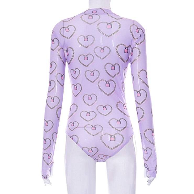 Pastel Gothic Mesh Bodysuit - Kawaii Stop - Bodycon, Bodysuits, Casual, Cyber, Dark, Goth, Gothic, Long Sleeve, Mesh, Pastel, Print, Punk, See Through, Sexy, Sheer, T-Shirts, Top, Tops &amp; Tees, Women, Women's Clothing &amp; Accessories, Y2k