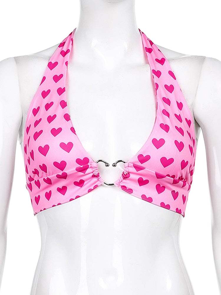 Heart Lace Up Bralette Camisole - Kawaii Stop - Aesthetic, Backless, Bralette, Bras, Bustier, Camisole, Clothes, Crop Top, Crop Tops, Cute, Heart Print, Intimates, Kawaii, Lace Up, Pink, Sexy Lingerie, Sexy Products, Sleeveless, Tops &amp; Tees, Women, Women's, Women's Clothing &amp; Accessories