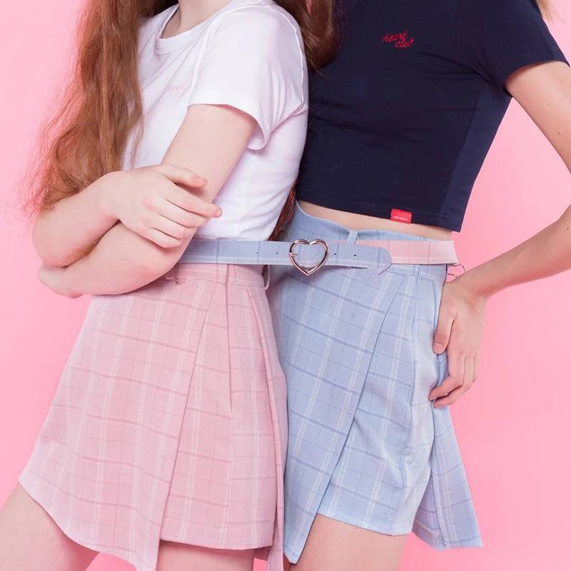 Plaid A-Line Mini Skirt with Heart Buckle - Kawaii Stop - Bottoms, Skirts, Women's Clothing &amp; Accessories