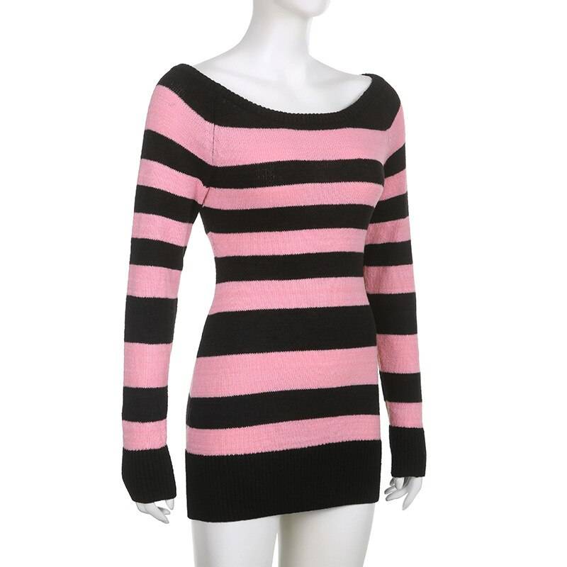 Punk Style Knitted Dress - Kawaii Stop - Aesthetic, All Dresses, Alt, Dark, Dress, Dresses, Goth, Gothic, Grunge, Knitted, Long Sleeve, Punk, Skinny, Streetwear, Striped, Style, Winter, Women, Women's Clothing &amp; Accessories