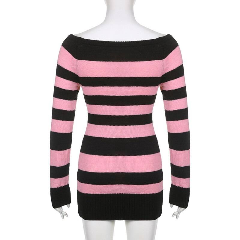 Punk Style Knitted Dress - Kawaii Stop - Aesthetic, All Dresses, Alt, Dark, Dress, Dresses, Goth, Gothic, Grunge, Knitted, Long Sleeve, Punk, Skinny, Streetwear, Striped, Style, Winter, Women, Women's Clothing &amp; Accessories