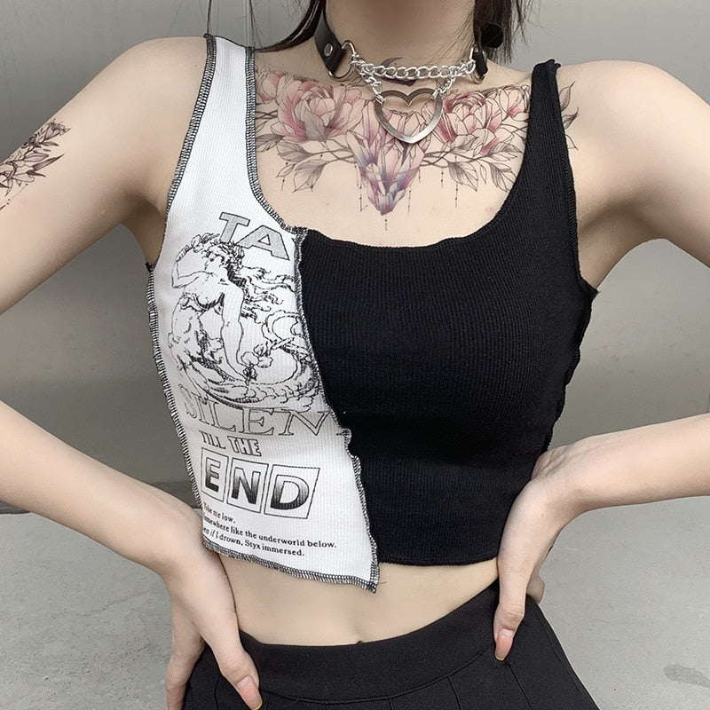 Silent Till The End Crop Top - Kawaii Stop - Aesthetic, Color Blocking, Crop Top, Crop Tops, Graphic, Graphic Print, Letter, Patchwork, Print, Punk, Sleeveless, Streetwear, Style, Tank Tops, Tops &amp; Tees, Women, Women's Clothing &amp; Accessories