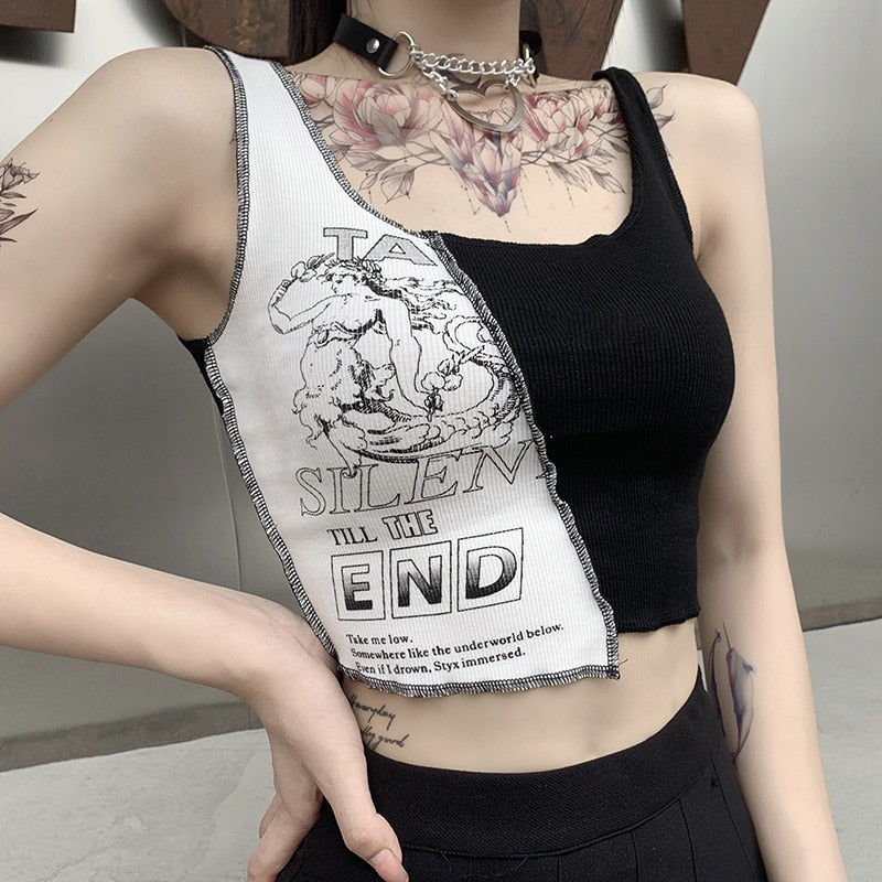 Silent Till The End Crop Top - Kawaii Stop - Aesthetic, Color Blocking, Crop Top, Crop Tops, Graphic, Graphic Print, Letter, Patchwork, Print, Punk, Sleeveless, Streetwear, Style, Tank Tops, Tops &amp; Tees, Women, Women's Clothing &amp; Accessories