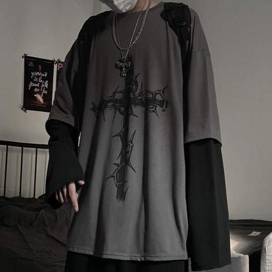 Gothic Cross Oversized T-shirt - Kawaii Stop - Fashion, Goth, Gothic, Korean, Long, Mall, Men's Clothing &amp; Accessories, Men's T-Shirts, Men's Tops &amp; Tees, Oversized, Punk, Sleeve, Street, Style, T Shirt, Tops, Tshirt, Two Piece