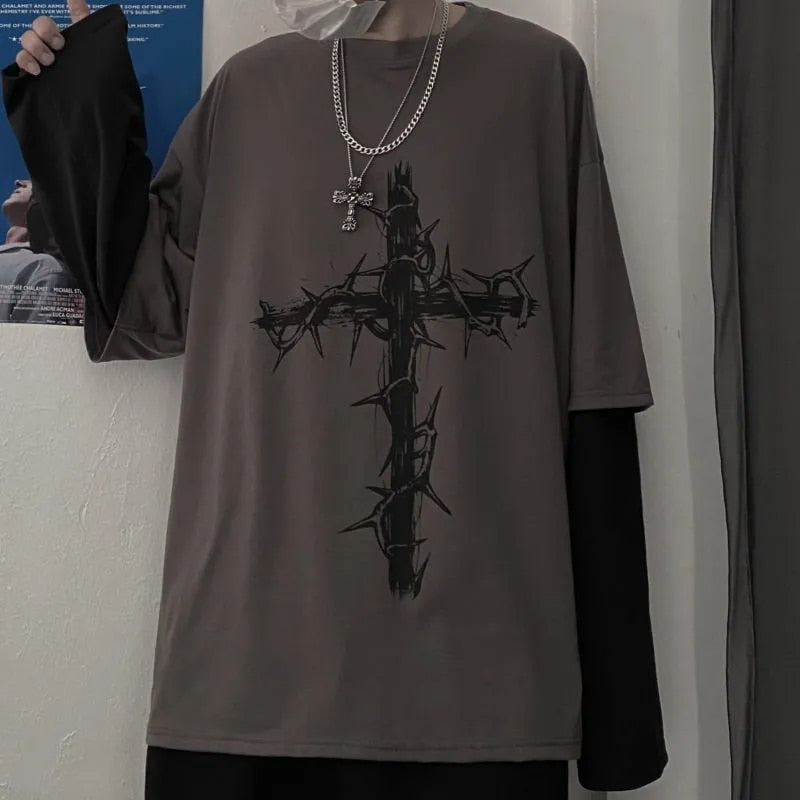 Gothic Cross Oversized T-shirt - Kawaii Stop - Fashion, Goth, Gothic, Korean, Long, Mall, Men's Clothing &amp; Accessories, Men's T-Shirts, Men's Tops &amp; Tees, Oversized, Punk, Sleeve, Street, Style, T Shirt, Tops, Tshirt, Two Piece