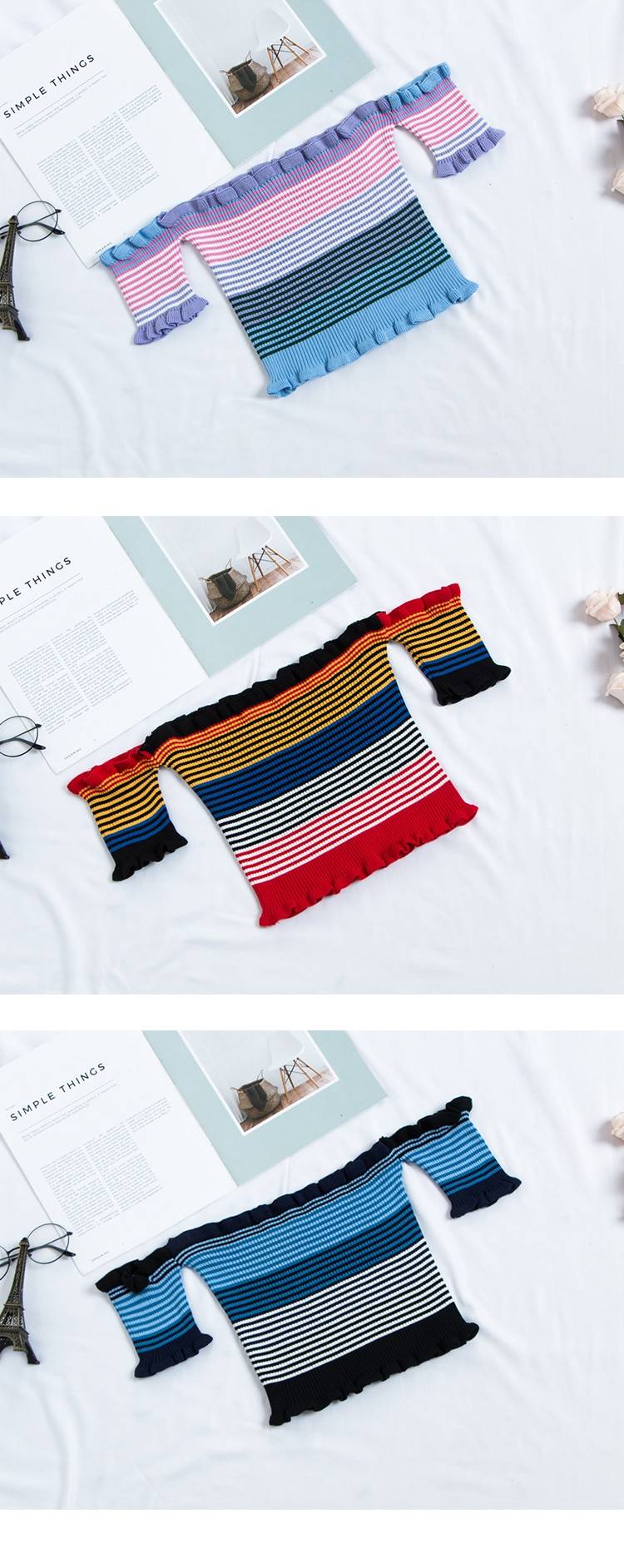 Rainbow Striped Crop Top - Kawaii Stop - Butterfly Sleeve, Camis &amp; Tops, Casual, Cute, Fashion, Harajuku, Japanese, Kawaii, Knitted, Korean, Polyester, Short Sleeve, Slash Neck, Streetwear, Striped, Top, Tops &amp; Tees, Women's Clothing &amp; Accessories