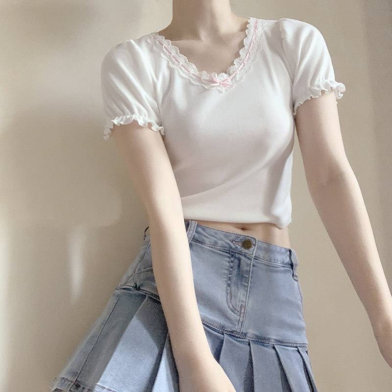 Ribbon Lace Trim Puff Sleeve T-Shirt - Kawaii Stop - Blouses &amp; Shirts, Bowknot, Clothes, Cotton, For, Girl, Kawaii, Lace, Puff, Ribbon, Sleeve, Slim, Summer, Sweet, T Shirt, Tops, Tops &amp; Tees, Trim, Tshirt, V-Neck, White, Women's Clothing &amp; Accessories