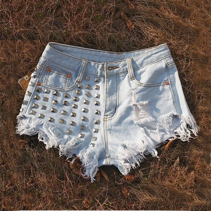 Ripped Denim High Waisted Shorts - Kawaii Stop - Bottoms, Button, Cotton, Cross, Denim, High, High Waist, Hole, Hollow Out, Pants, Polyester, Ripped, Rivet, Sequined, Shorts, Skinny, Spandex, Women's Clothing &amp; Accessories, Zipper Fly