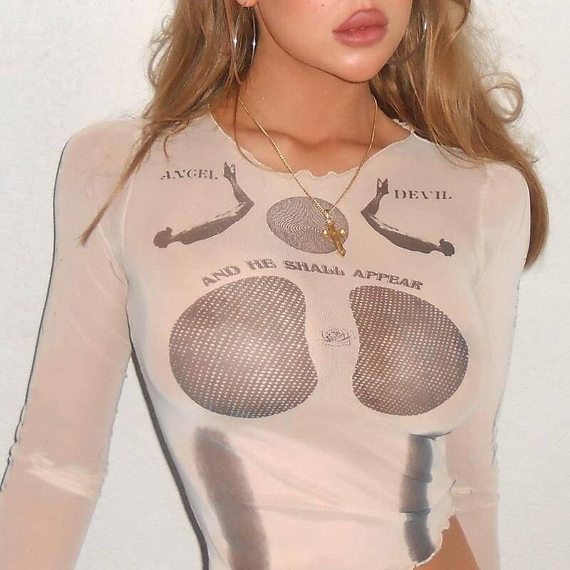 See Through Mesh Top - Kawaii Stop - Casual, Crop Tops, Cyber, Dark, Female, Goth, Gothic, Long Sleeve, Mesh, Printed, Punk, See Through, Sexy, Sheer, Skinny, T-Shirts, Tees, Tops &amp; Tees, Women's Clothing &amp; Accessories, Y2k