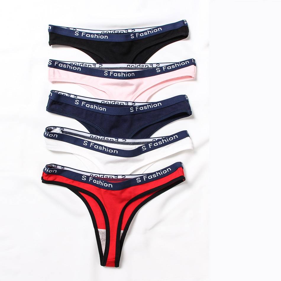 Set Of 5 High-Waisted Thongs - Kawaii Stop - Cotton, Cute, High Waisted, Intimates, Multicolored, Panties, Panty, Set, Sets, Sexy, Solid, Thong, Thongs, Underwear, Women's Clothing &amp; Accessories