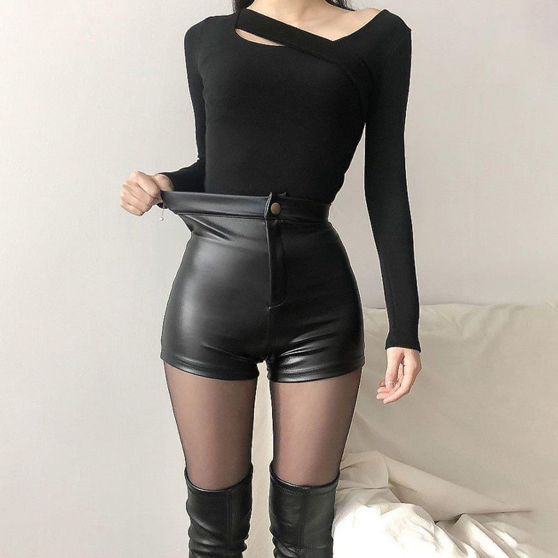 Faux Leather High Waisted Shorts - Kawaii Stop - Black, Bottoms, Casual, Clothing, Fashion, Faux leather, Goth, High Waisted, Hot, Pants, PU, Sexy, Short, Shorts, Summer, Woman, Women, Women's, Women's Clothing &amp; Accessories, Y2k