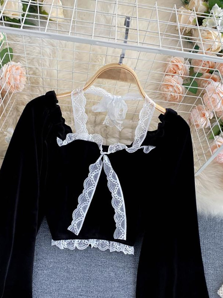 Kawaii Lolita Blouse - Kawaii Stop - Black Tops, Blouses &amp; Shirts, Casual, Female, Halter, Lace, Patchwork, Puff Sleeve, Sexy, Shirt, Short Blouse, Tops &amp; Tees, Velvet, Women, Women's Clothing &amp; Accessories